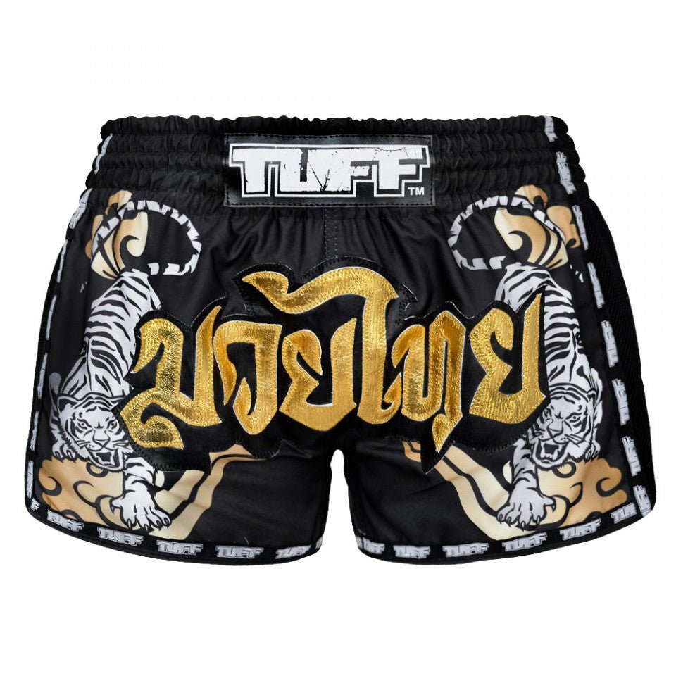 MRS301 TUFF Muay Thai Shorts Retro Style Black Double Tiger With Gold Text - FightstorePro