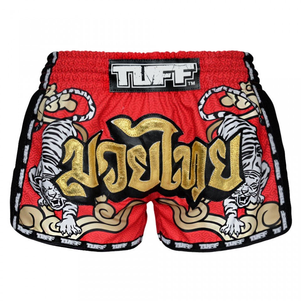 MRS301 TUFF Muay Thai Shorts Retro Style Red Double Tiger With Gold Text - FightstorePro