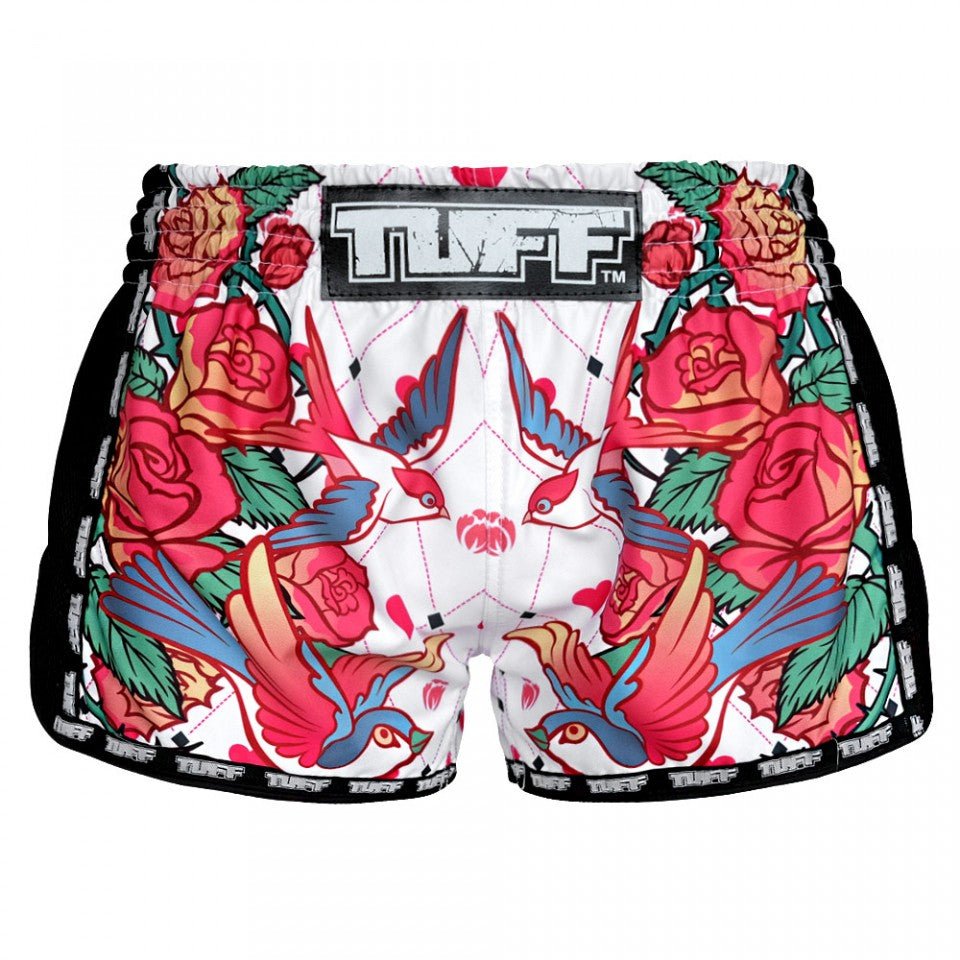 MRS302 TUFF Muay Thai Shorts Retro Style White Roses With Birds - FightstorePro