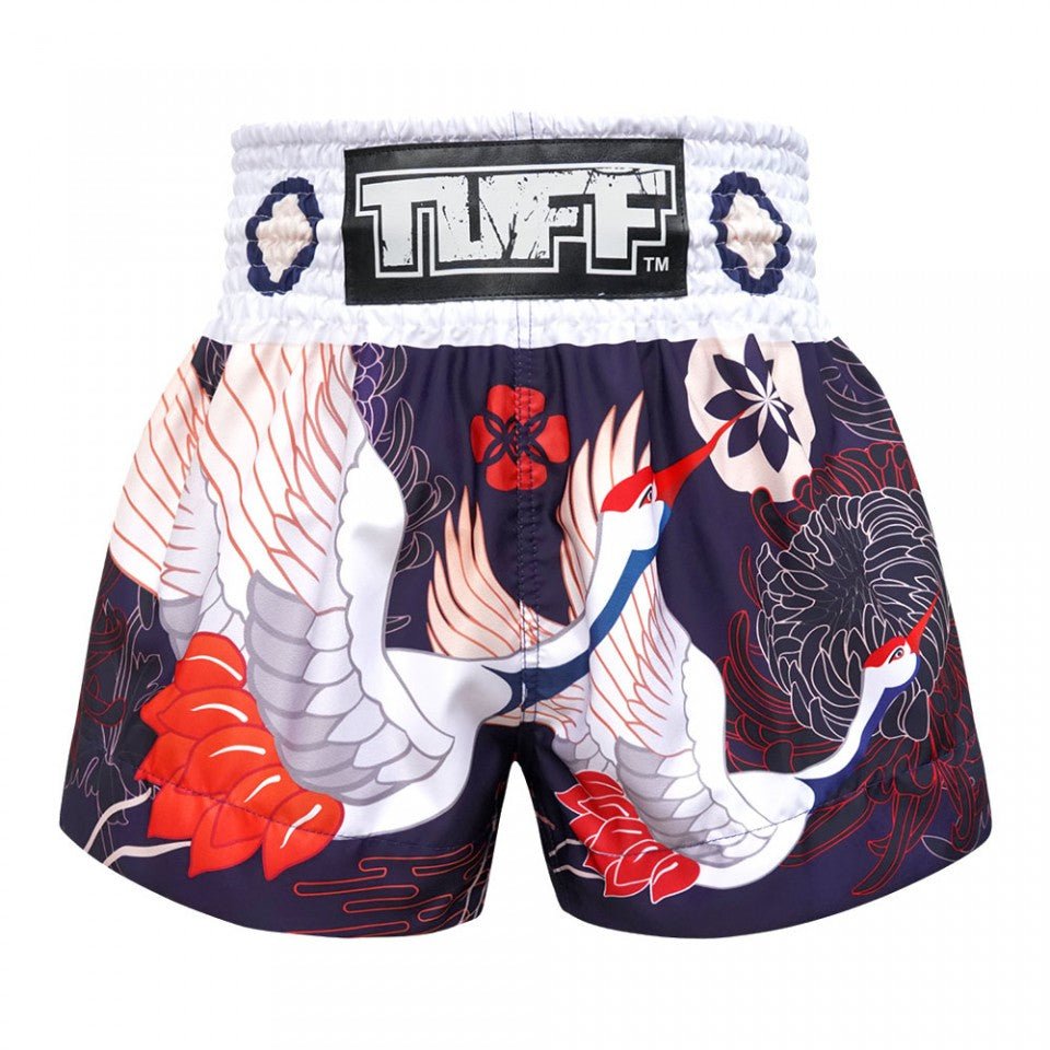 MS639 TUFF Muay Thai Shorts Navy Blue Japanese Drawing Crane Birds - FightstorePro