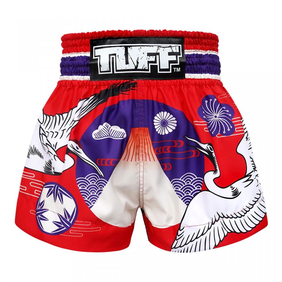 MS639 TUFF Muay Thai Shorts Red Japanese Drawing Crane Birds - FightstorePro