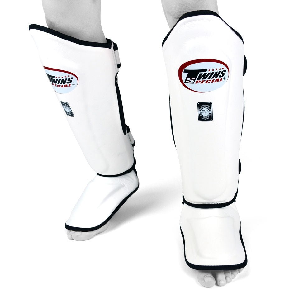 SGL10 Twins White Double Padded Leather Shin Pads - FightstorePro