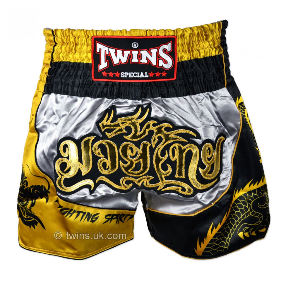 TBS-DR1 Twins Silver-Gold Dragon Muaythai Shorts - FightstorePro