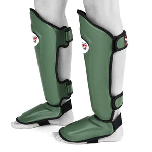 Twins Olive Green Double Padded Leather Shin Pads - FightstorePro