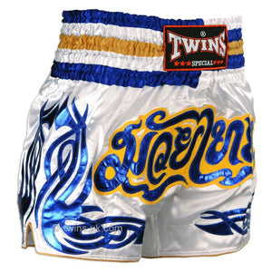 Twins TWS-881 White-Blue Muay Thai Shorts - FightstorePro