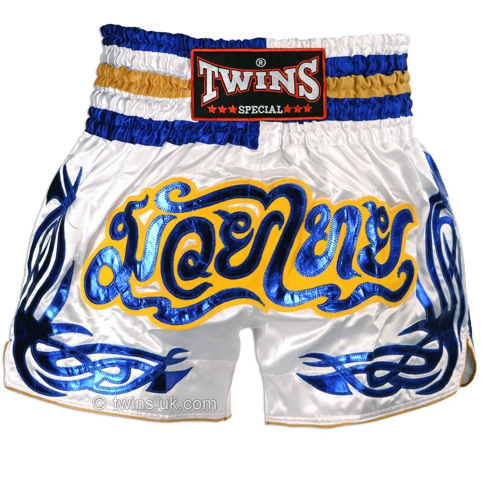 Twins TWS-881 White-Blue Muay Thai Shorts - FightstorePro