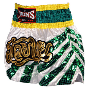 Twins TWS-882 White-Green Stripes Muay Thai Shorts - FightstorePro