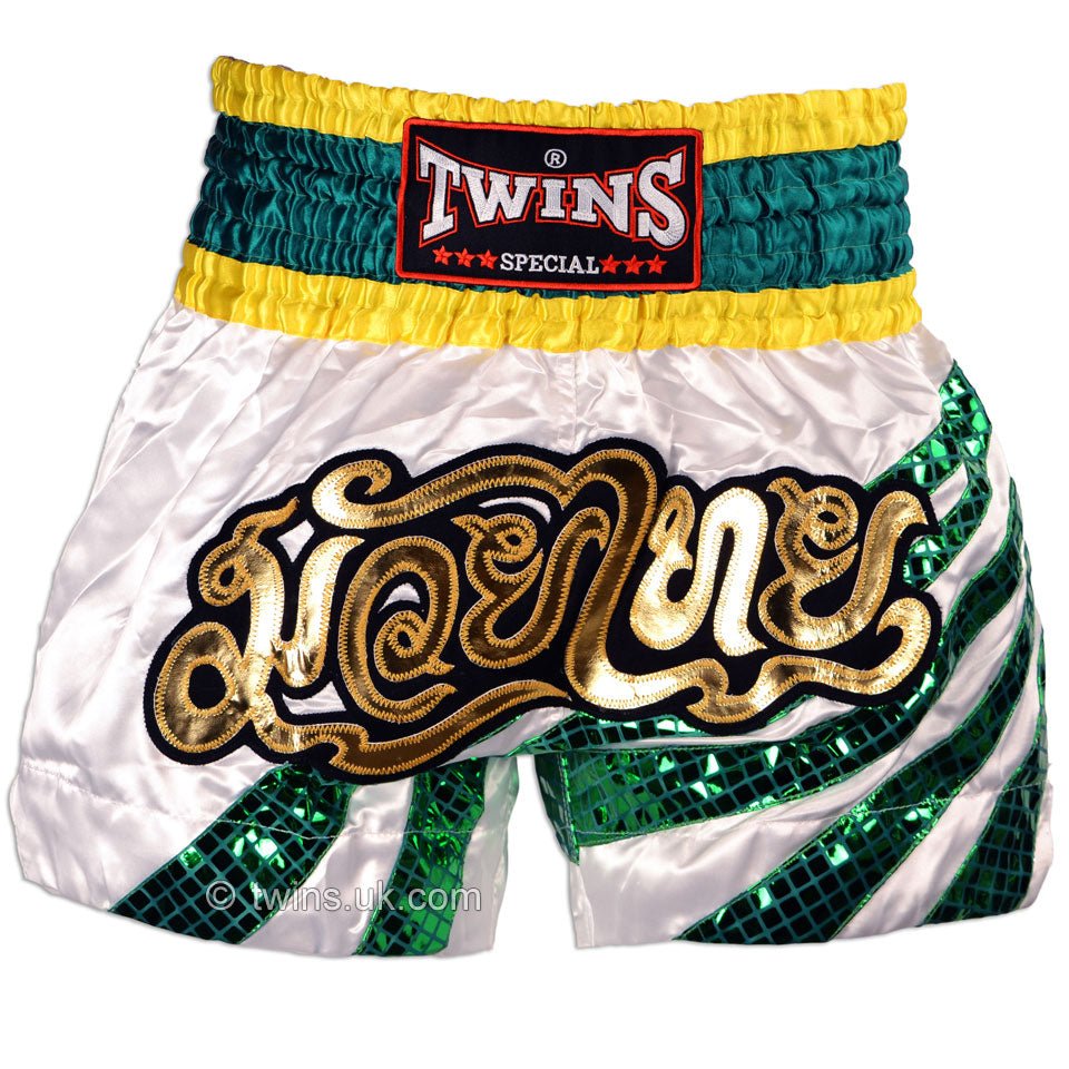 Twins TWS-882 White-Green Stripes Muay Thai Shorts - FightstorePro