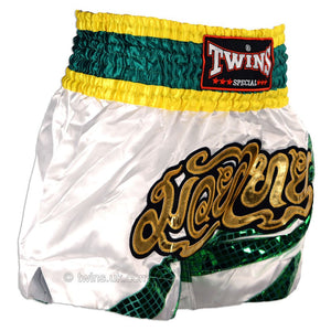 Twins TWS-882 White-Green Stripes Muay Thai Shorts - FightstorePro