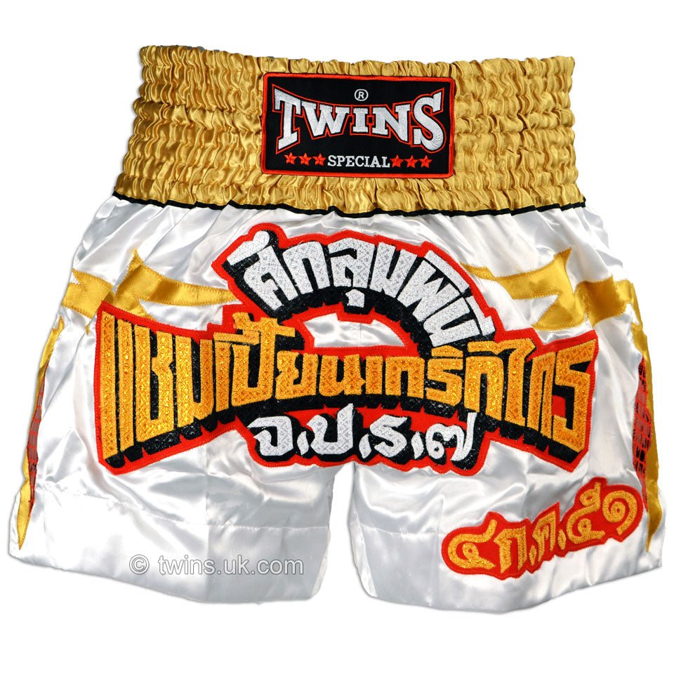 Twins TWS-907 White-Gold-Red Muay Thai Shorts - FightstorePro