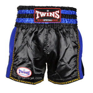 Twins TWS-920 Black Blue Plain Retro Muay Thai Shorts - FightstorePro