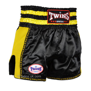 Twins TWS-924 Black Yellow Plain Retro Muay Thai Shorts - FightstorePro