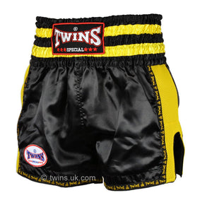 Twins TWS-924 Black Yellow Plain Retro Muay Thai Shorts - FightstorePro