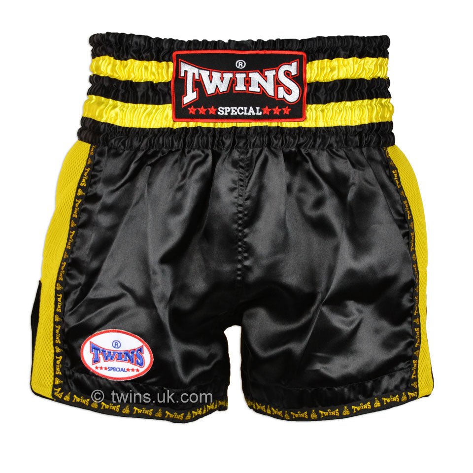 Twins TWS-924 Black Yellow Plain Retro Muay Thai Shorts - FightstorePro