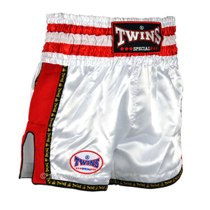 Twins TWS-927 White-Red Plain Retro Muay Thai Shorts - FightstorePro