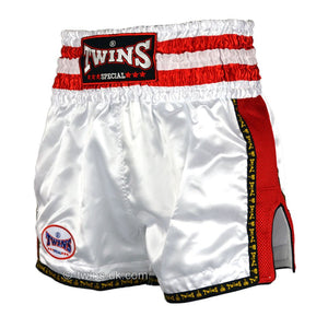 Twins TWS-927 White-Red Plain Retro Muay Thai Shorts - FightstorePro