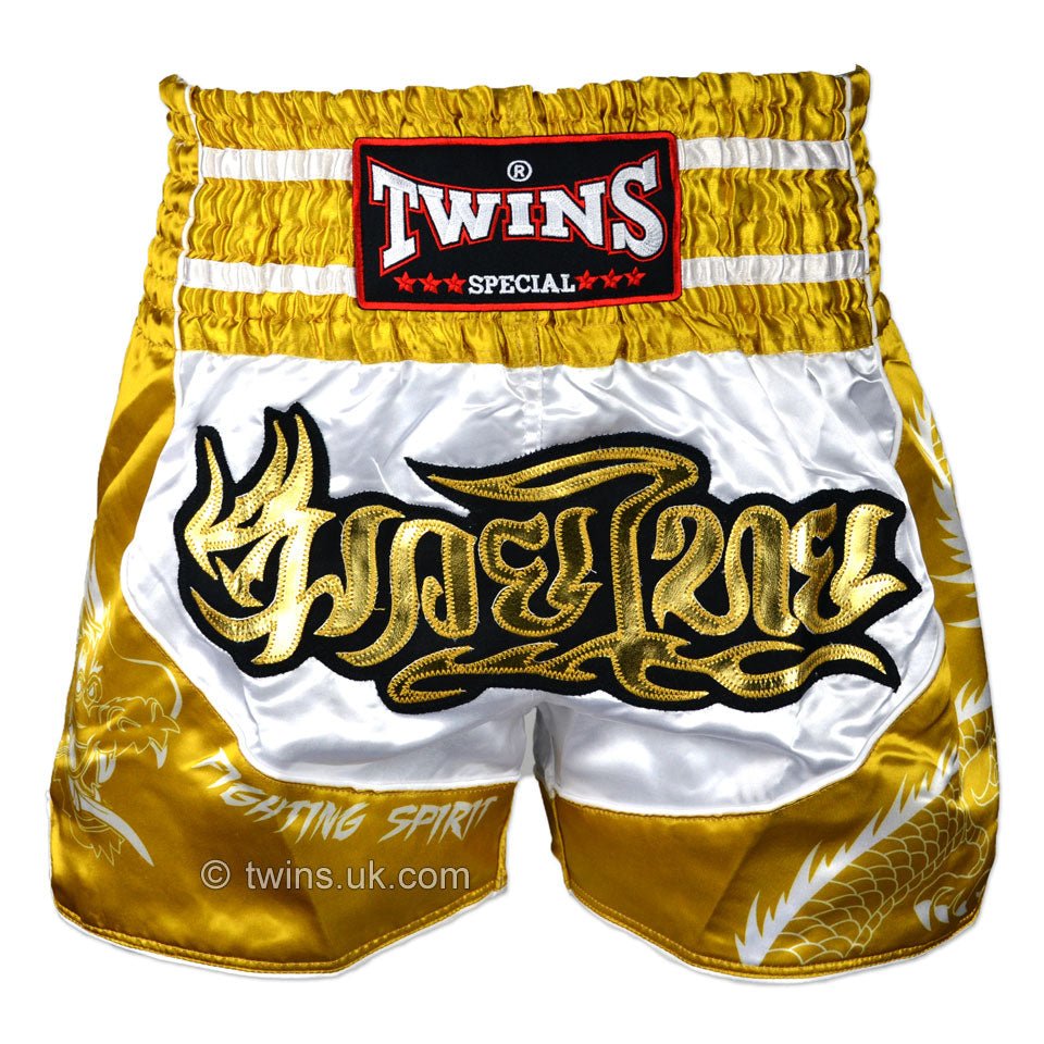 Twins TWS-Dragon-4 White-Gold Muay Thai Shorts - FightstorePro